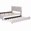 Lit plateforme double tapissier avec tête de lit à motif brique et gigogne simple, tissu en lin, beige-2058573586