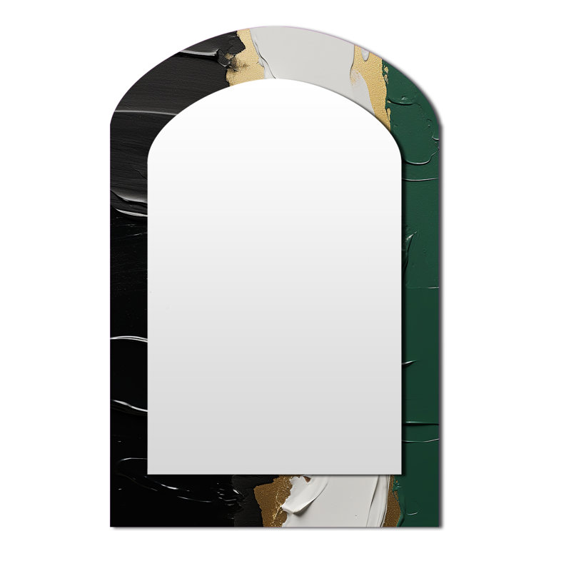 Golden green and black ink merge IV - Abstract Painting Arch Decorative Mirror, Modern Asymmetrical Large Wall Mirror, Printed Metal Art