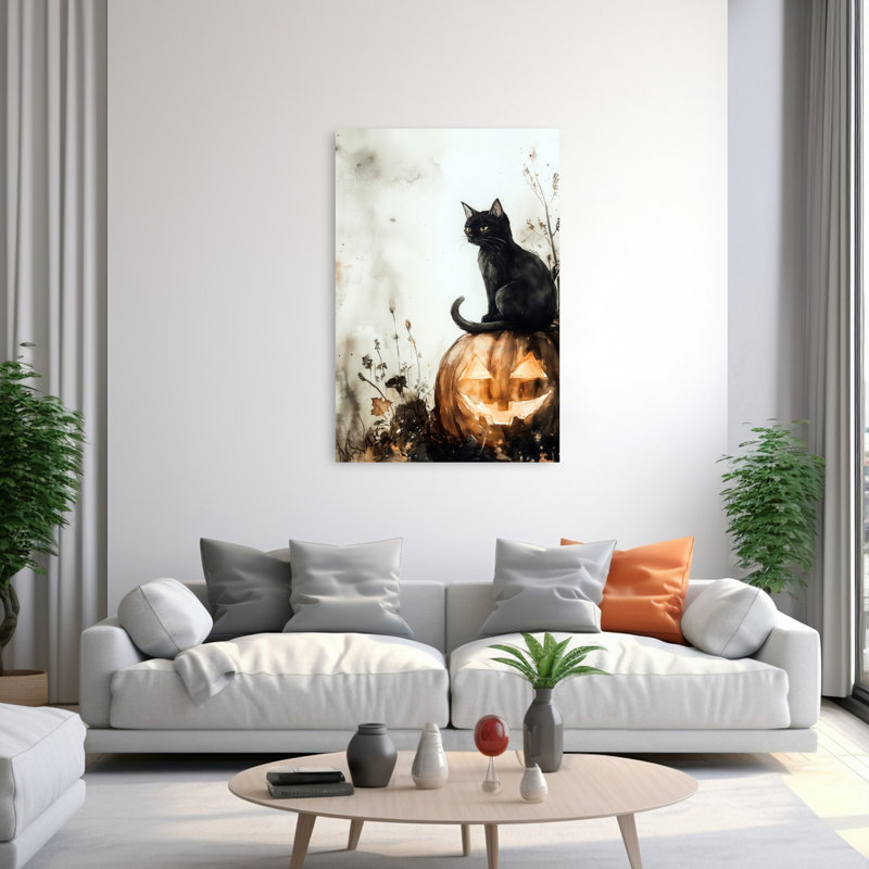 Art mural de chat et de citrouille Balck, H 60 po x l 40 po