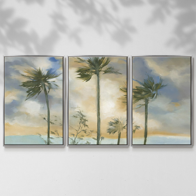 «Palmiers dans le vent», reproduction sur toile 3 pièces, H 24 po x l 48 po x P 2 po, Argent