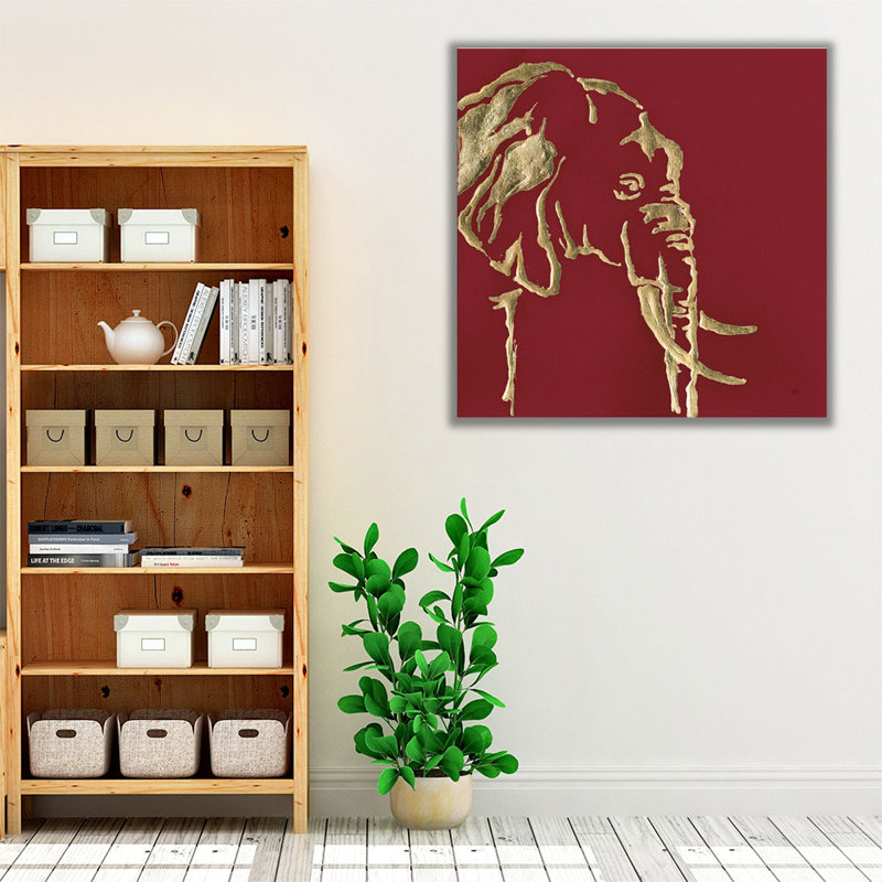 «Gilded Elephant on Red», reproduction d'art sur toile, H 20 po x l 20 po