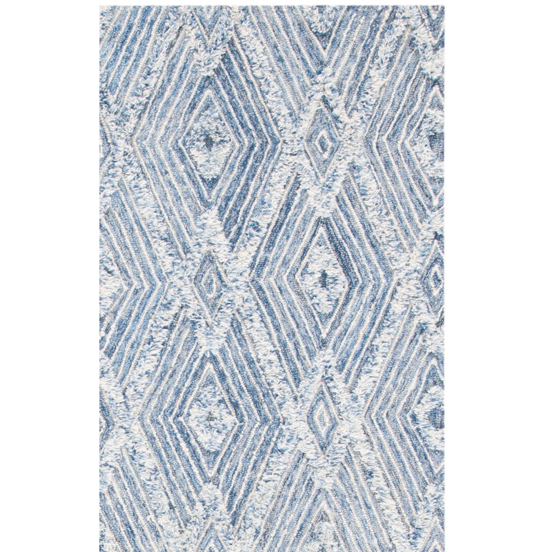 Inelda Hand Tufted Wool/Cotton Geometric Rug in Ivory/Blue, Rectangle 6' x 9'