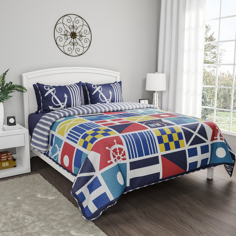  Reversible Coastal-Themed Quilt Set with Sham - Hypoallergenic Microfiber Bedding, Twin XL