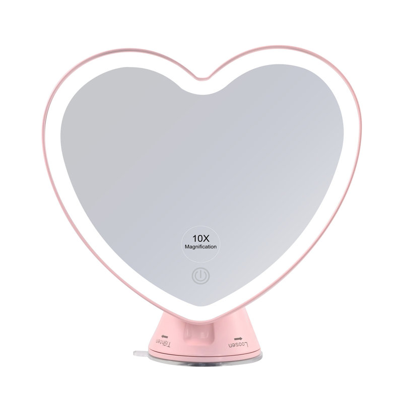 Impression Vanity Sweetheart 10X Magnified LED Mirror With 360 Degree Swivel, Lighted Travel Makeup Mirror With Heart Shaped Mounted Suction Cup Base, 3 Colors LED Lights, And Soft Touch Sensor Button