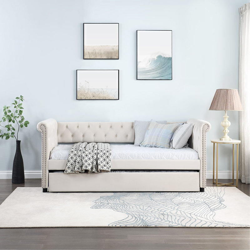 Lit de jour rembourré en velours Hittel, Beige