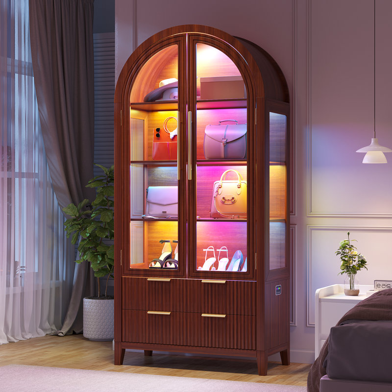 Freestanding Arch Display Cabinet with RGB Lights and Motion Sensor, Large Capacity Tempered Glass Doors Office Storage Cabinets