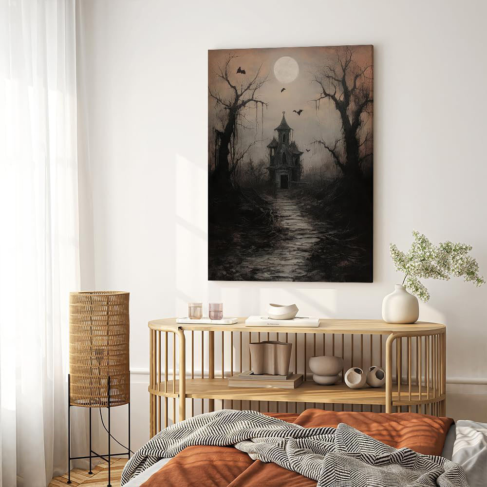 Halloween Spooky Canvas Wall Art,Vintage Haunted House Prints Gothic Dark Academia Halloween Poster Wall Decor Pictures For Living Room Bedroom Bathro