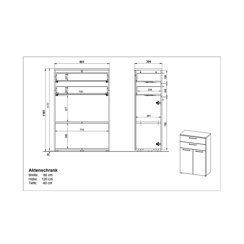 Miabella 80cm Wide 2 -Drawer File Cabinet, Graphite/Oak