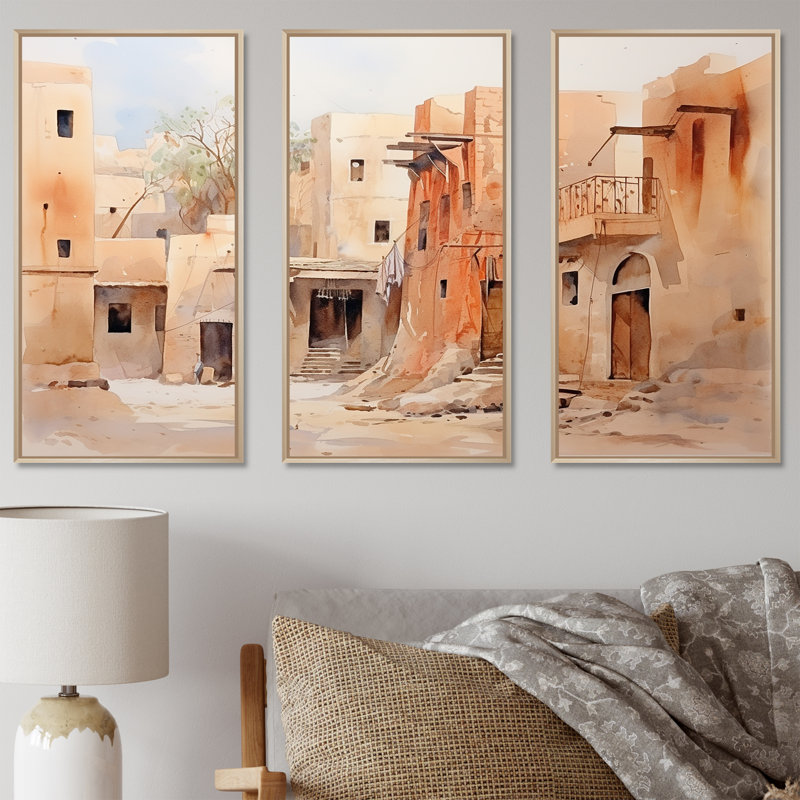 Village urbain, Sables égyptiens I - Art mural égyptien, Cadre flottant brun, H 40 po x l 61 po x P 1 po