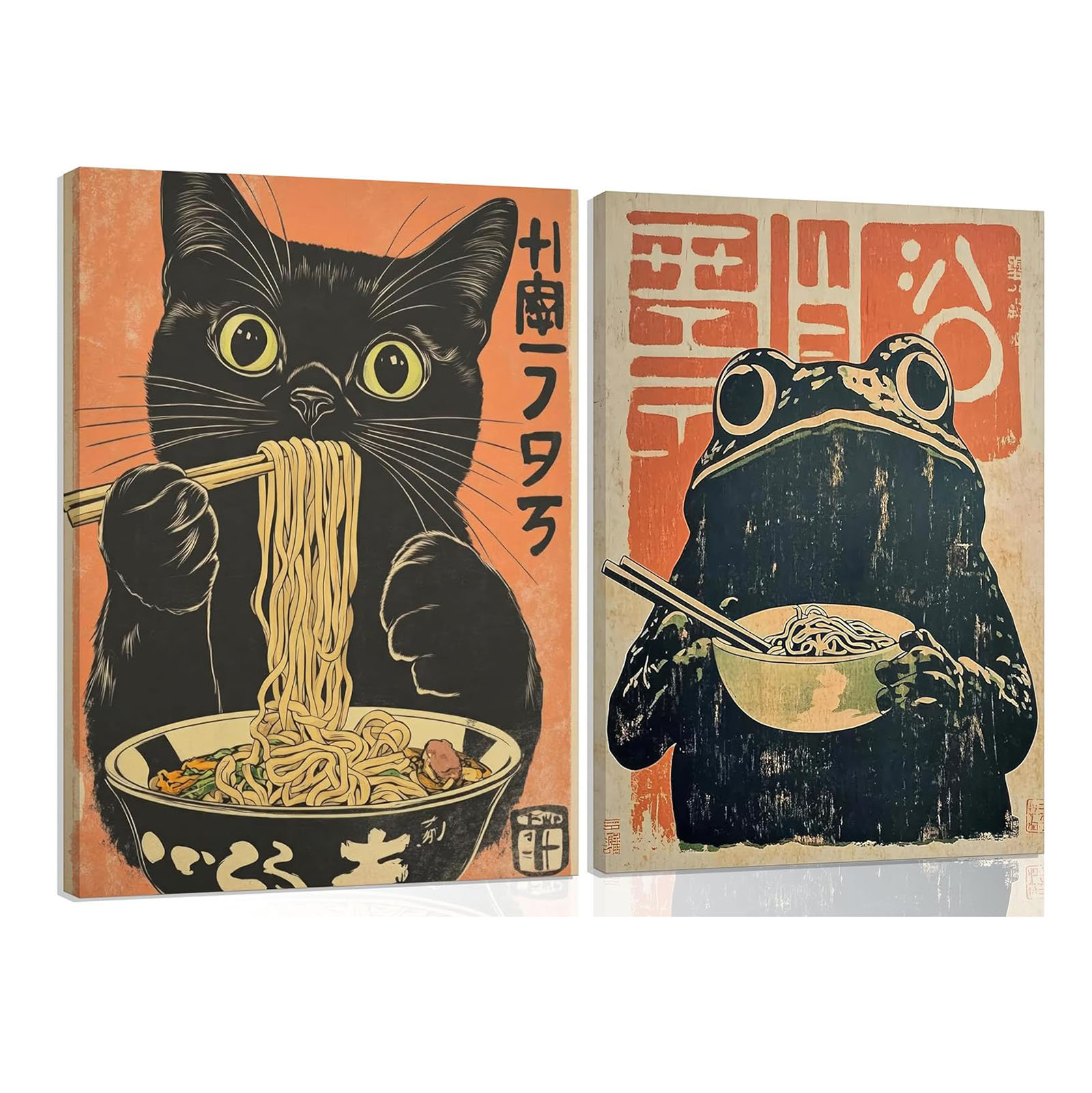 Dakota Fields 2Pcs Vintage Japanese Cat Canvas Wall Art Quirky Black ...