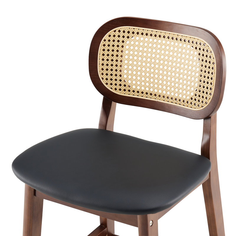 25" Black Faux Leather and Wood Counter Height Bar Stools with Rattan Backrest
