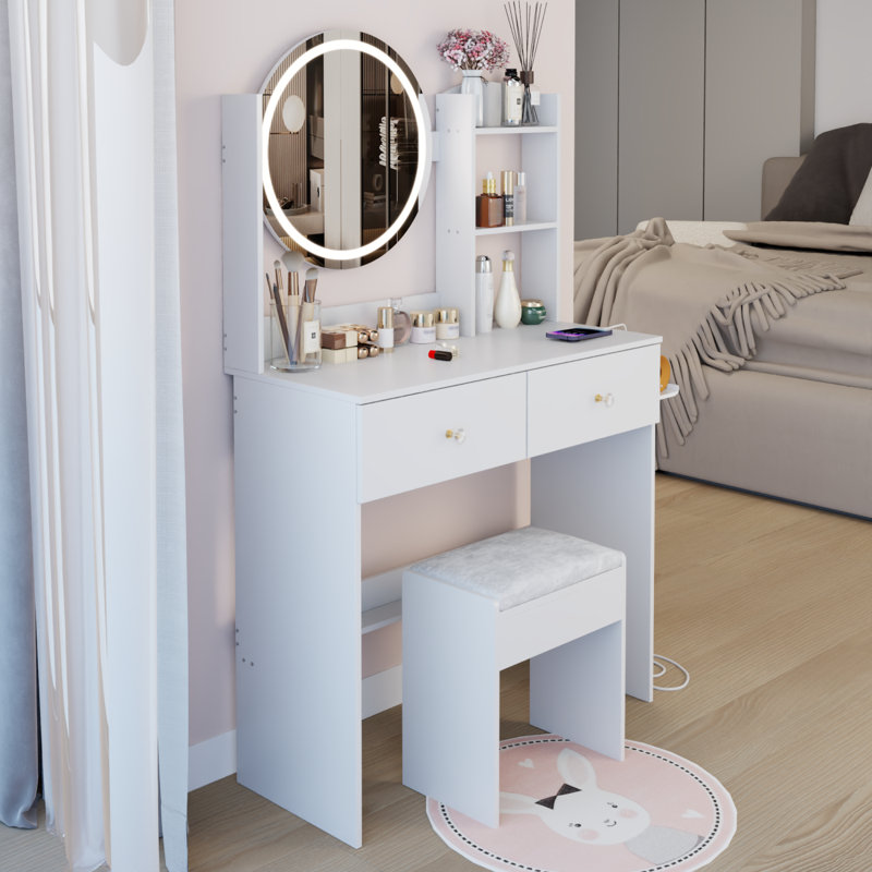 Round LED Mirror Vanity Table with Cushioned Stool and USB Power Socket, White