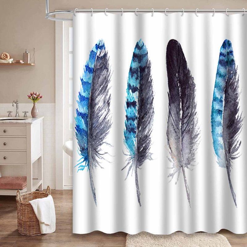 Rideau de douche aquarelle avec plumes bleues et 12 crochets, L 72 po x l 72 po