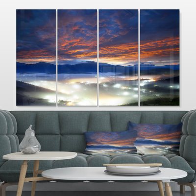 Fiery Clouds And Lit Up Villages - Multipanel Landscape Photo Wall Art mural en métal