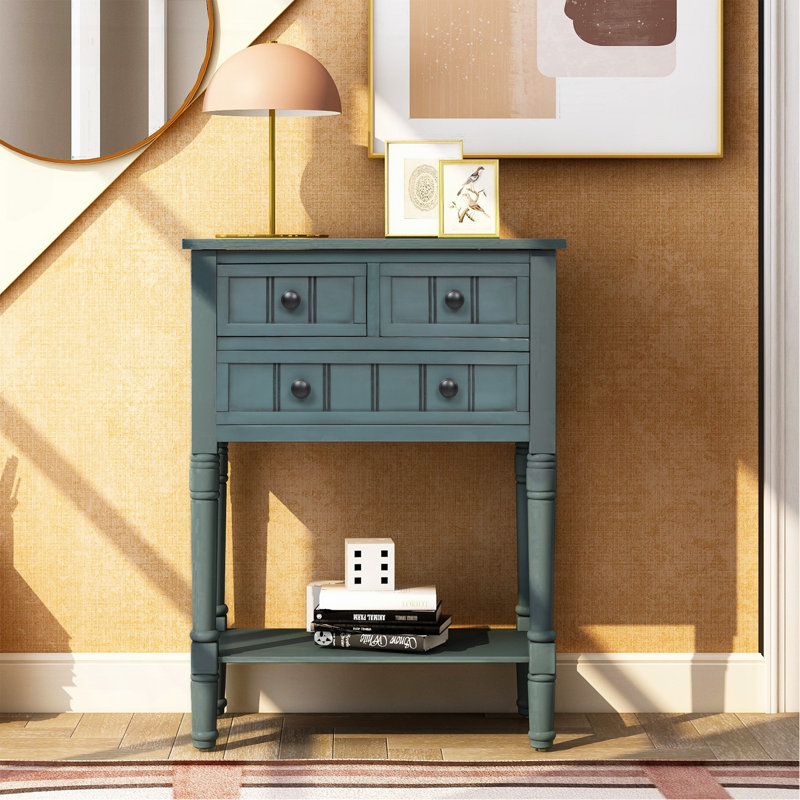 Console étroite, canapé-lit mince avec trois tiroirs de rangement et tablette inférieure pour le salon, assemblage facile (bleu marine)