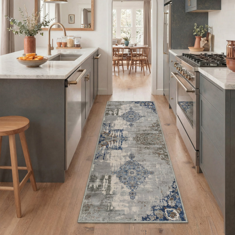 Combs Vesper Modern Abstract Distressed Medallion Machine Washable Blue/Grey Indoor Area Rug with Non-Slip Backing