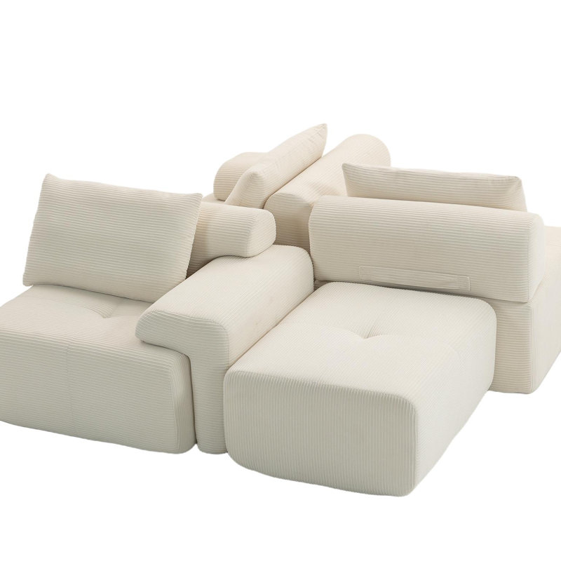 Green Corduroy L-shaped Sectional Sofa With 1 Ottoman, White Corduroy
