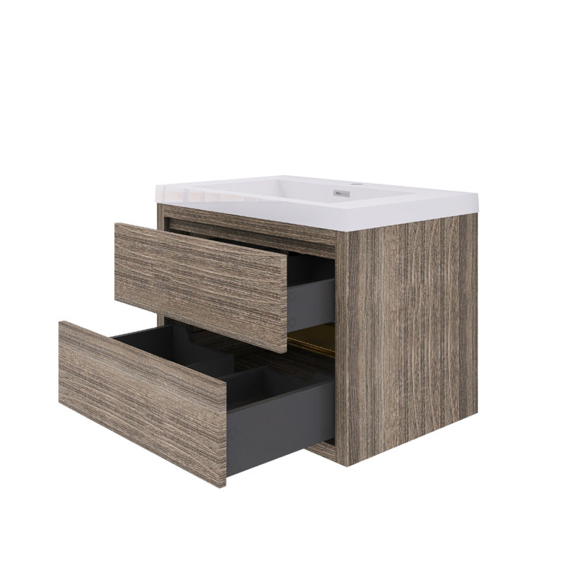 Meuble-lavabo mural blanc brillant avec comptoir en résine de pierre et tiroirs à fermeture en douceur, Gris, 30"