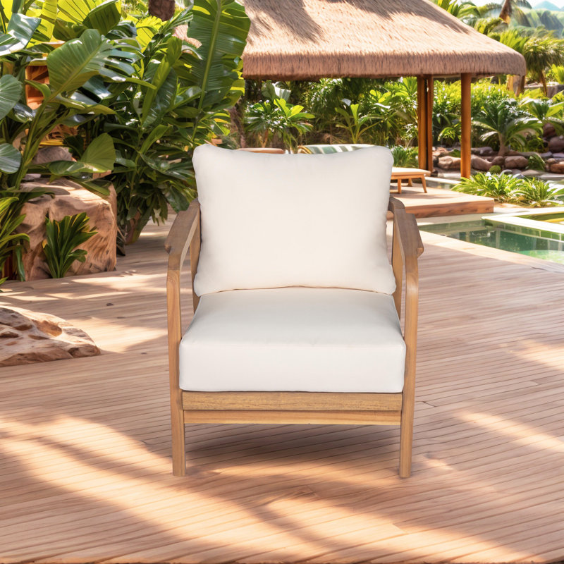 Patio Accent Chair,Outdoor Lounge Chair With Wood Frame, Beige