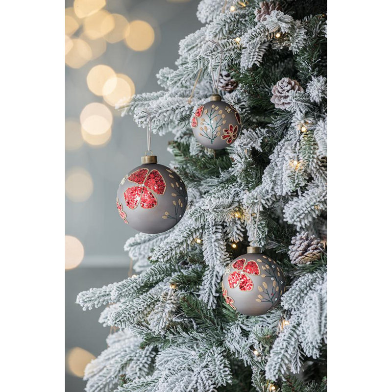 Elegant Gray and Red Glass Christmas Ball Ornaments, Set of 6