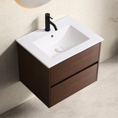 24" Floating Bathroom Vanity And Sink, Ceramic Vessel Sink Fired At High Temperature, Easy Clean Cultured Marble Surface, 18.42" Height 24-Inch With Plywood Storage, Porcelain American Traditional