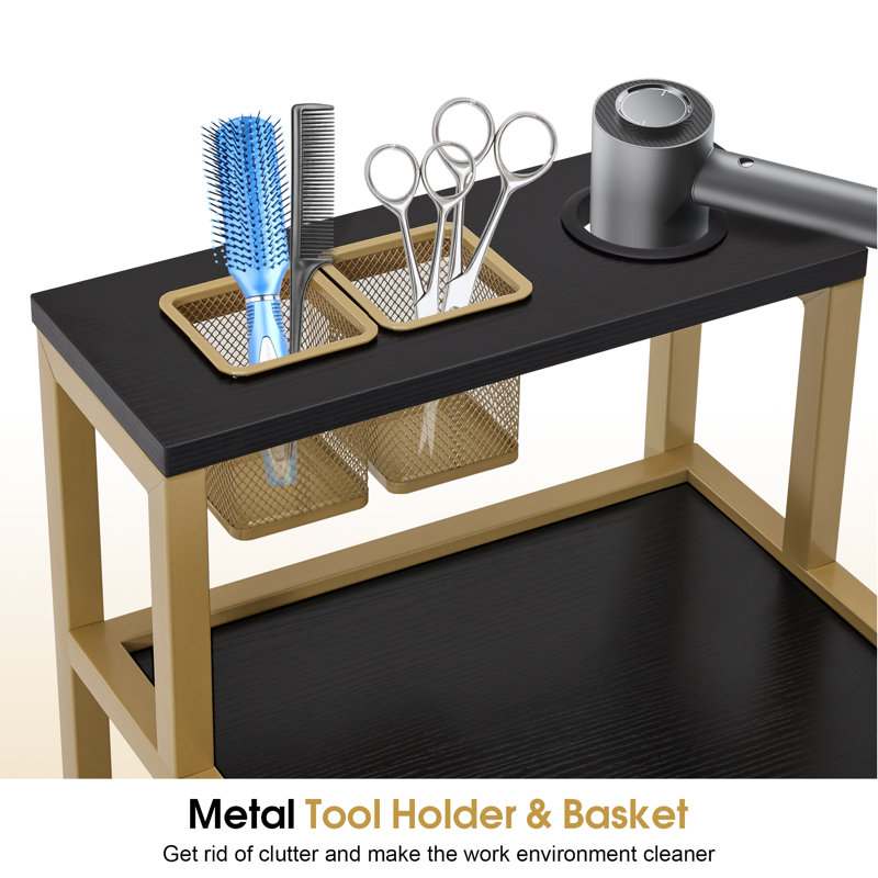 Utility Cart with Storage Drawers, Trolley with Metal Tool Holder and Basket, Black, 34.3" H x 14.6" W x 5.7" D