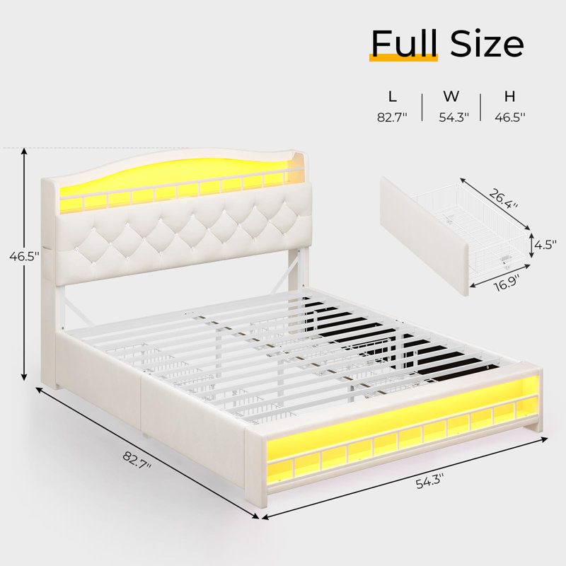 Bed Frame With Storage Headboard & 4 Drawers,with Led Lights & Charging Station, No Box Spring Needed, Easy Assembly, Princess Velvet Upholstered Platform Bed