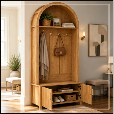 Meuble Donald à toit arqué avec banc, rangement pour chaussures, 4 crochets métalliques et 2 portes cannelées
