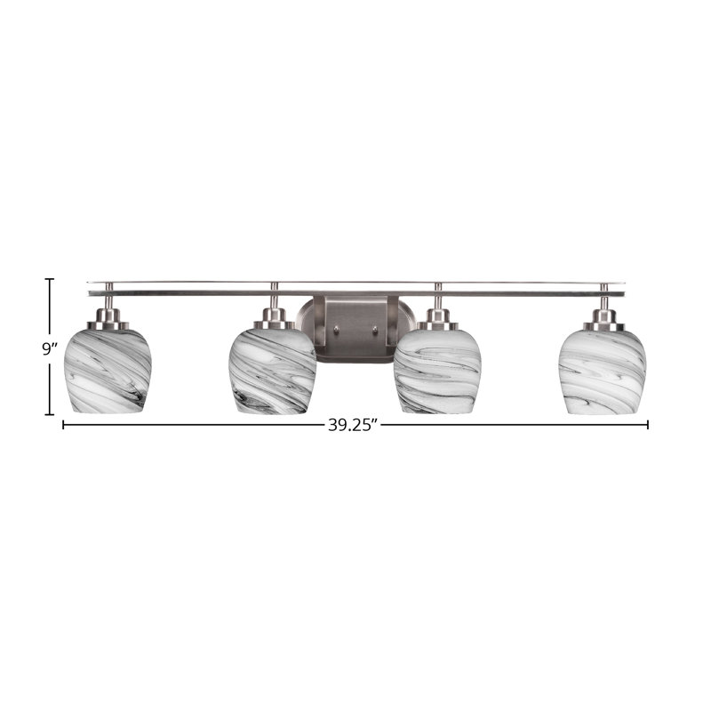 Aleighya 4 Light Bath Bar Shown With 6" Onyx Swirl Glass, Brushed Nickel