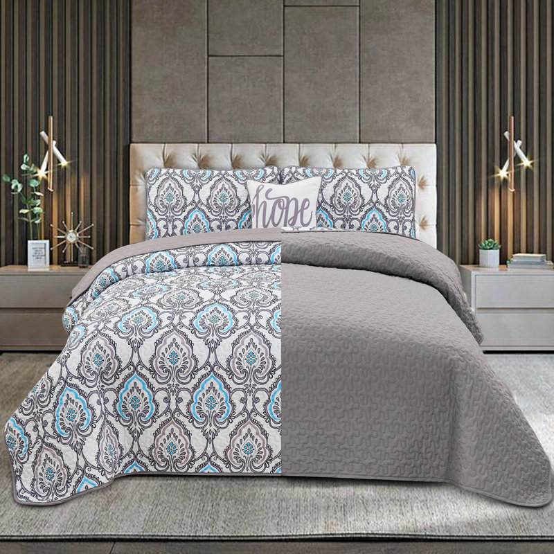 Ensemble de courtepointe réversible en microfibre 4 pièces Gryson, Gris foncé Azita