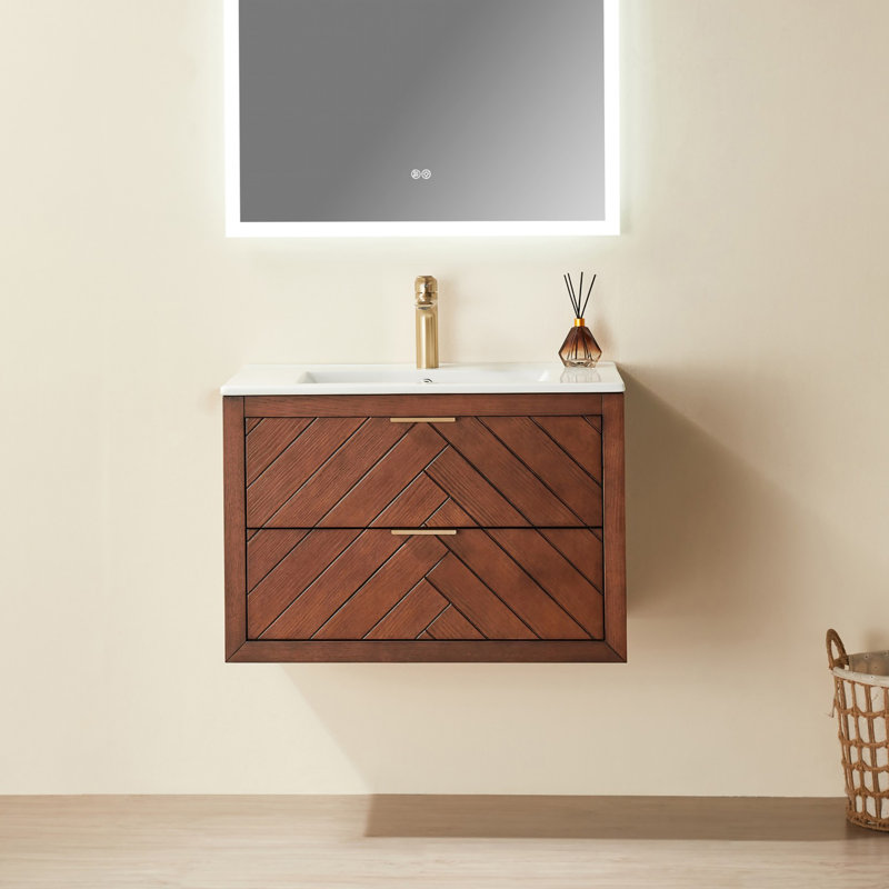Meuble-lavabo mural flottant 30 po avec lavabo en céramique et 2 tiroirs à fermeture en douceur - finition noire ou noyer