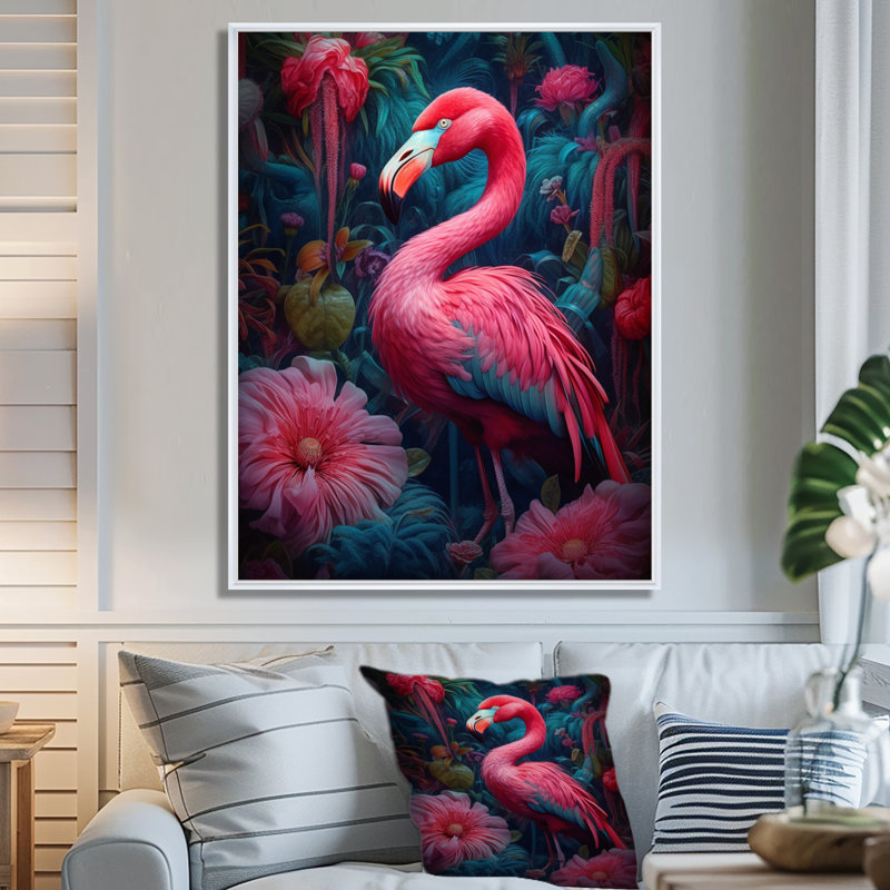 «Tropical Flamingo Grace III - Flamingo», reproduction d'art sur toile, H 20 po x l 12 po x P 1 po, Cadre flottant blanc