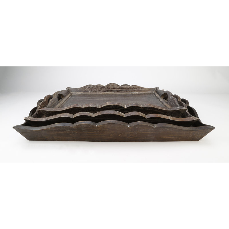Kadence Scalloped Edge 3-Piece Serving Tray Set, Dark Brown