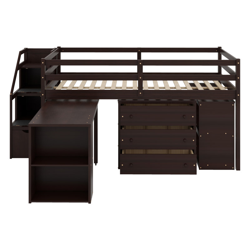 Loft Bed With Retractable Writing Desk And 3 Drawers, Wooden Loft Bed With Storage Stairs And Shelves, Espresso