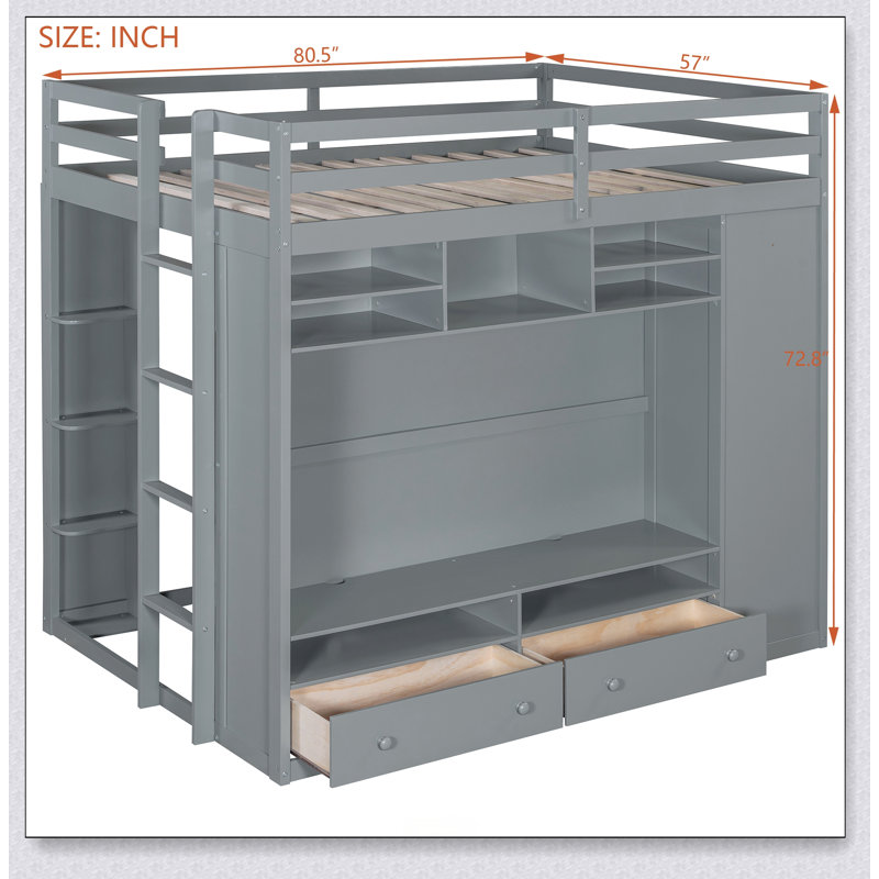 Loft Bed With Drawers, Shelves And Light, Grey