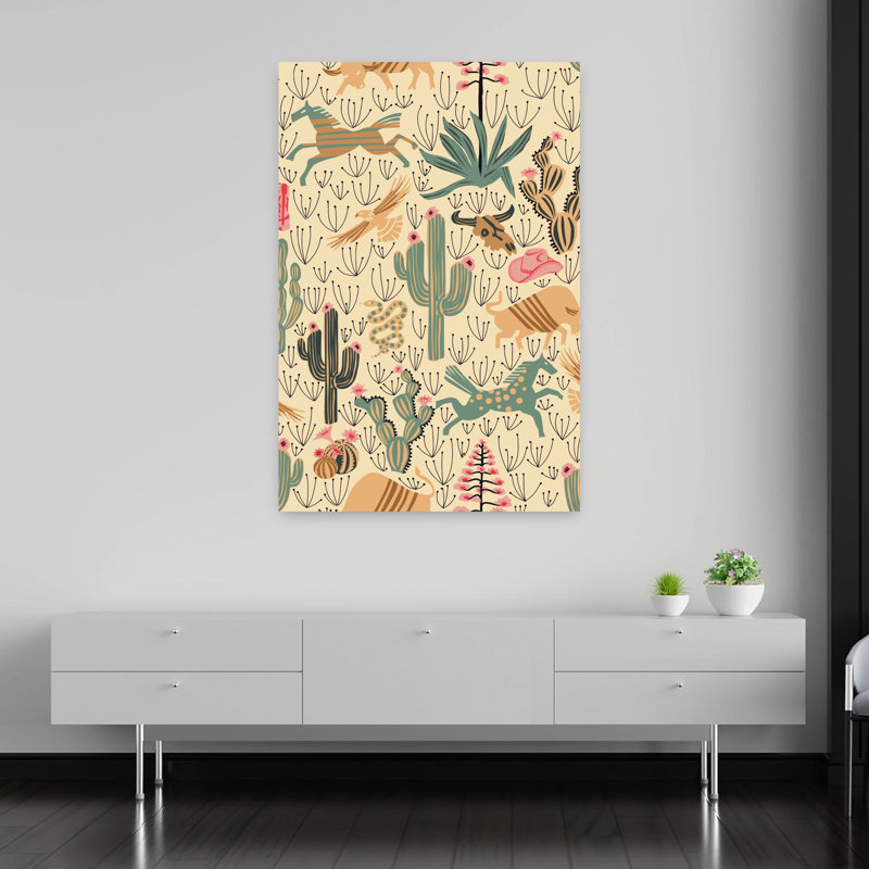 Contemporary Art Modern Retro Rustic Cactus Succulent Landscape Wildlife Wall Art 1 Piece Wrapped Canvas Wall Art, Cream