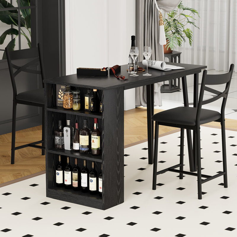 Ensemble de table de salle à manger 3 pièces, ensemble de table de cuisine à hauteur de comptoir pour 2 avec 3 tablettes de rangement, table de bar extensible avec 2 chaises rembourrées pour petits espaces, appartement, noir
