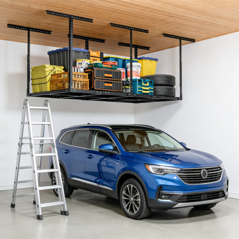 Supports de rangement pour plafond de garage avec panneaux latéraux, support de rangement de garage supérieur, hauteur réglable de 22 à 42 pouces, acier au carbone robuste, poids de 600 lb, noir