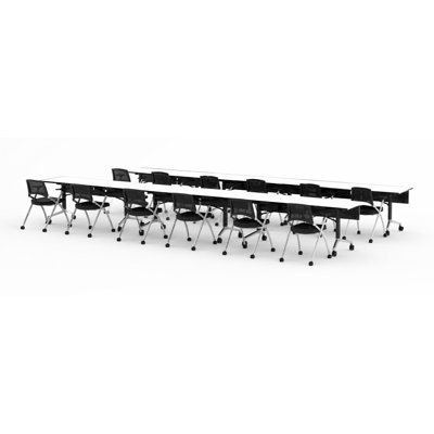 16 Person Fold-up Training Tables, Extra Long for Seminars and Conferences with White color Thick Tops, Fold-Up Legs & Integrated Power Boxes includes folding nesting Task Chairs.