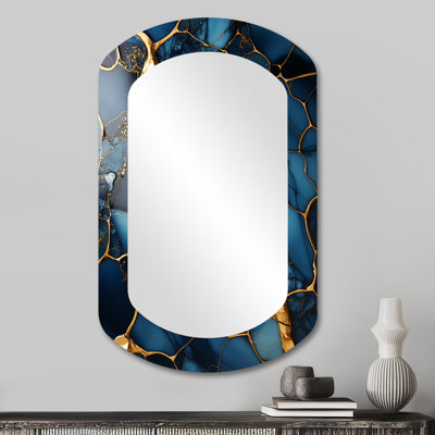 Or et mosaïque de marbre bleu saphir IV - formes asymétriques abstraites - grand miroir mural moderne