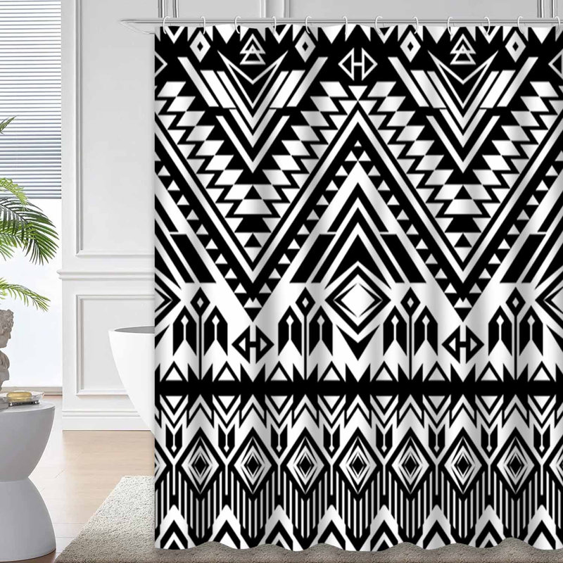 Rideau de douche noir avec 12 crochets Aztec, L 72 po x l 78 po