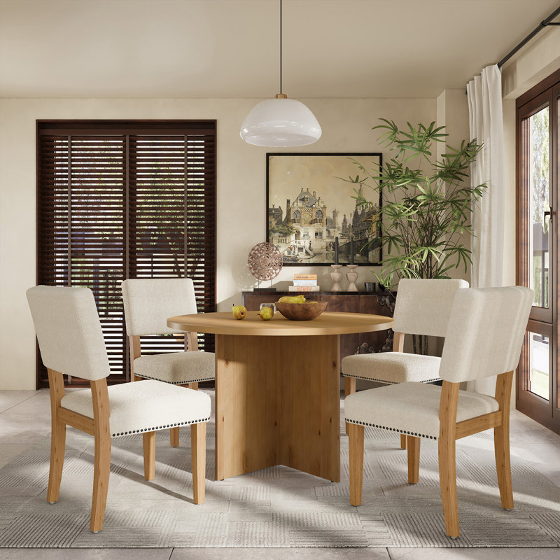 Modern 5-Piece Round Dining Table Set Pedestal Kitchen Table Set with 4 Upholstered Dining Chairs for Studio, Apartment, Small Places