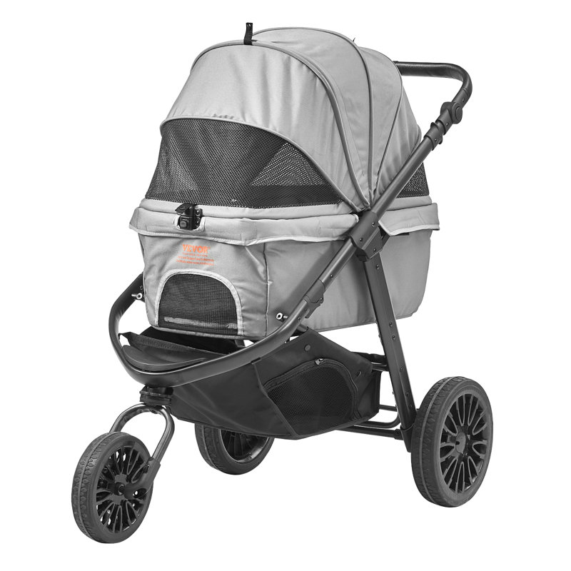 Gray Large Pet Stroller with Adjustable Handle and Storage