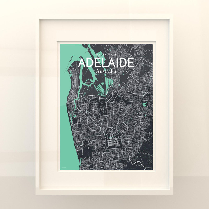 Adelaide City Map, impression, H 20 po x l 16 po, Vert / gris