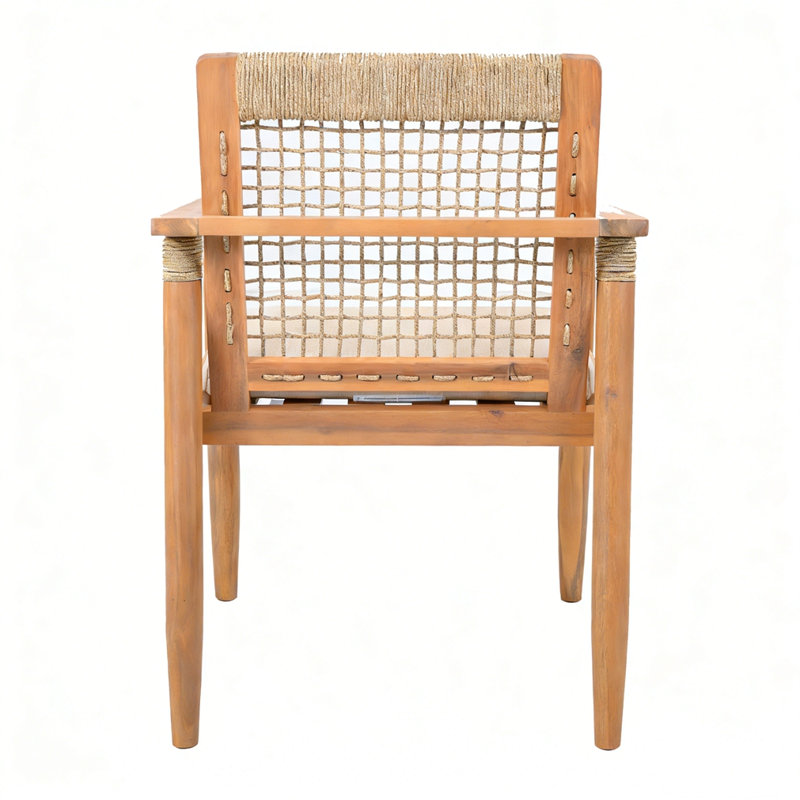 Ensemble de 2 fauteuils de patio en bois d'acacia avec dossier et accoudoirs multicolores en corde brune et coussin lavable beige