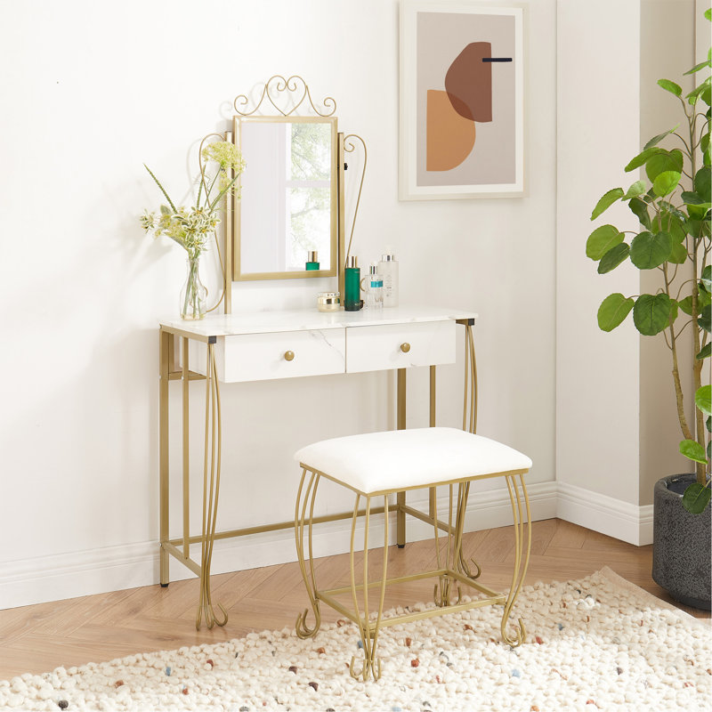 Elegant White and Gold Vanity Table Set with Bench