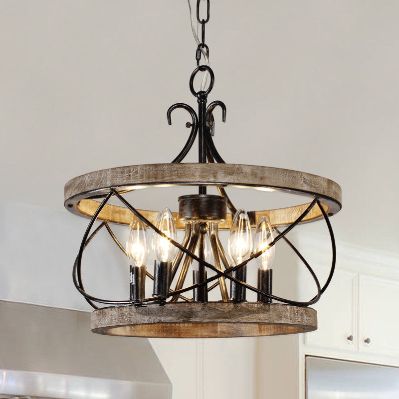 Lustre en bois 15,7 po Muradif Gracie Oaks, 19.7" H x 19.7" W x 19.7" D, Noir / bois patiné