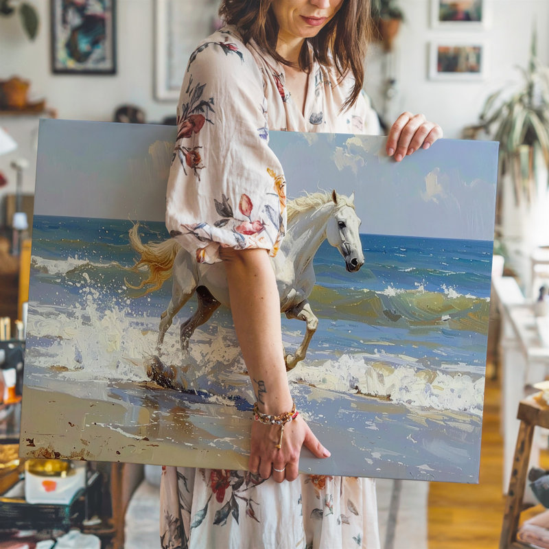Toile galopant, cheval blanc sur le rivage, H 9 po x l 12 po
