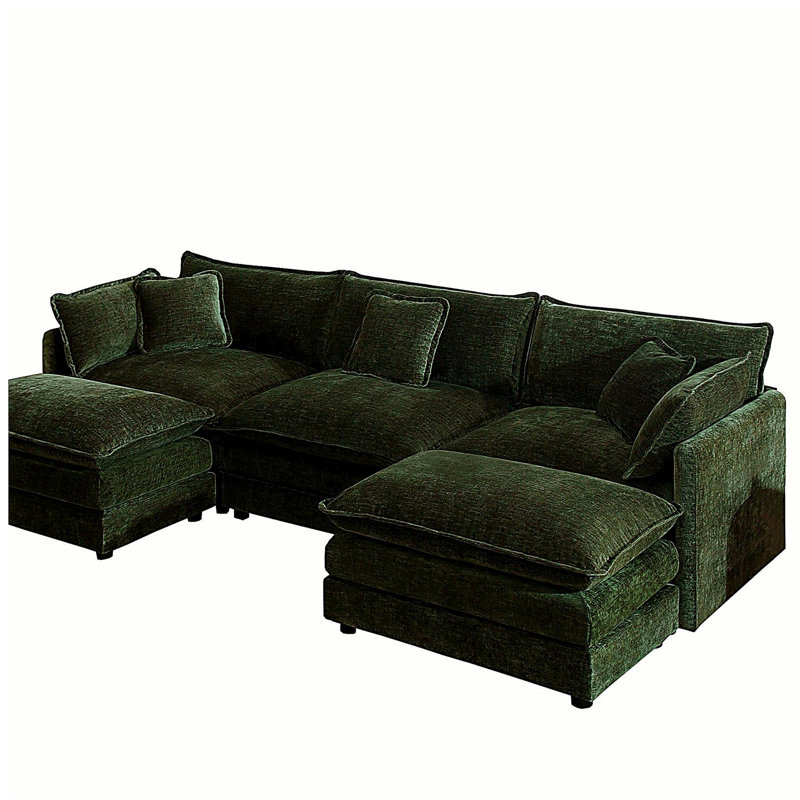 Canapé modulaire en U avec repose-pieds réversible, canapé d'angle convertible 5 places avec 2 repose-pieds, canapé moelleux et minimaliste moderne pour le salon, chenille verte