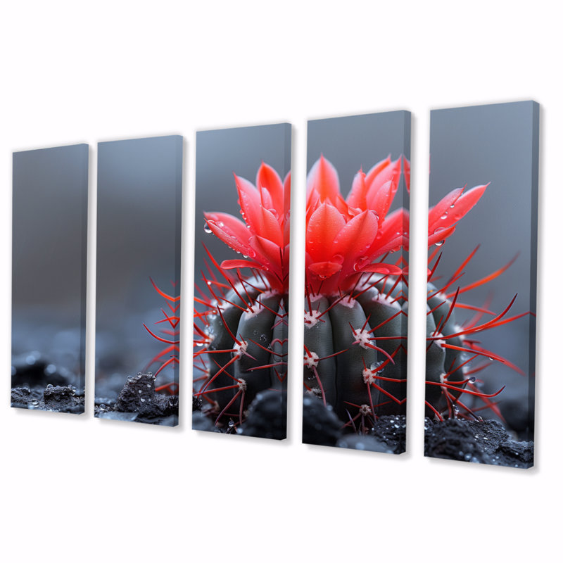 «Red Green Cactus Raindrop Reflections», ensemble d'art sur toile cactus floral, H 32 po x l 80 po